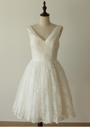 V Neck Ivory Lace Tea Length Vintage Wedding Dress